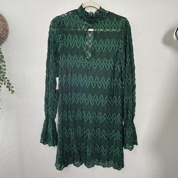 NEW Free People Simone Mock Neck Lace Mini Dress Emerald Green Small Goth Punk - Picture 3 of 9